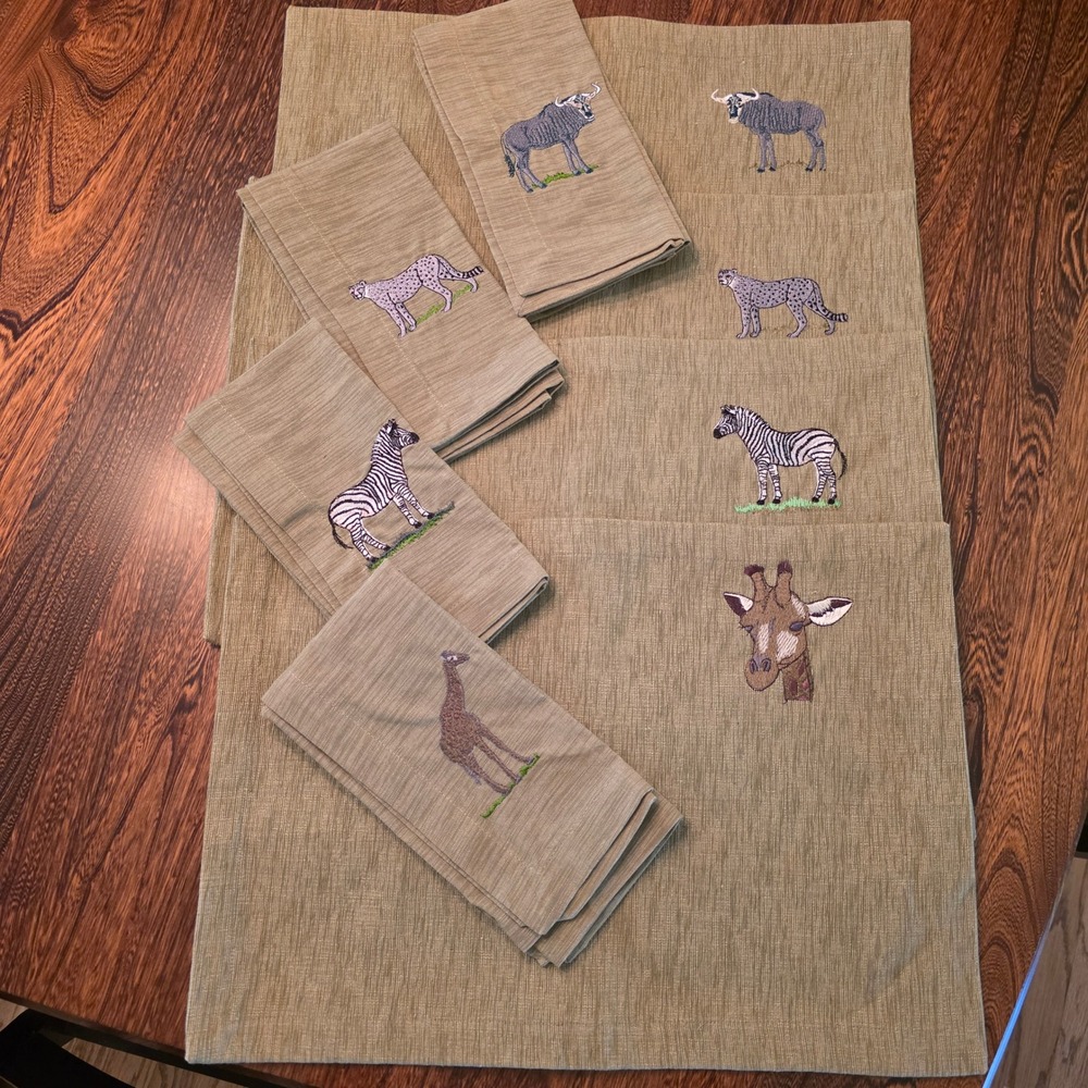African Safari Embroidered Placemats & Napkins Set of 8 Sage Green Giraffe Zebra
